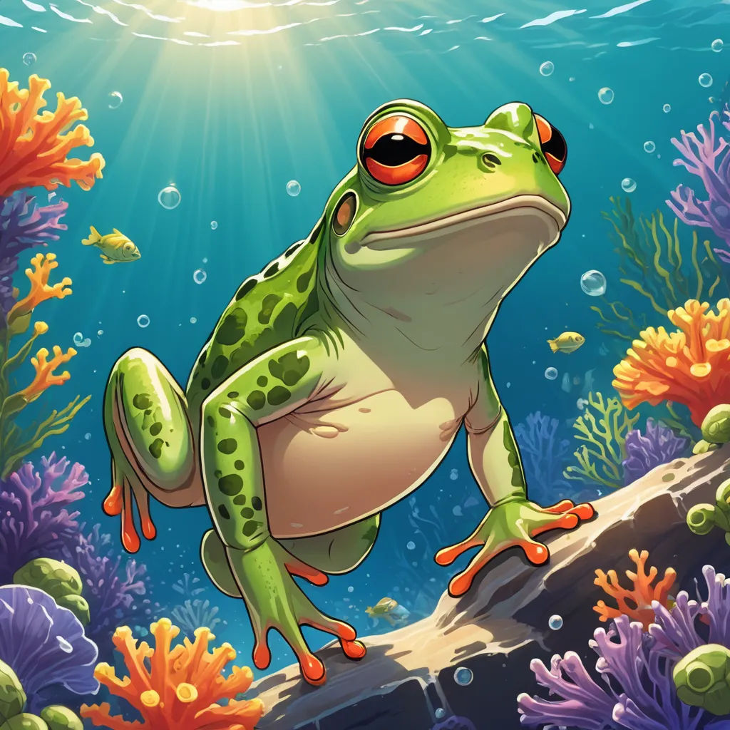 a frog sitting on a branch under the water with corals and seaweed around it, with a sunbeam in the background, fantasy art, an airbrush painting, Andries Stock, rossdraws global illumination
