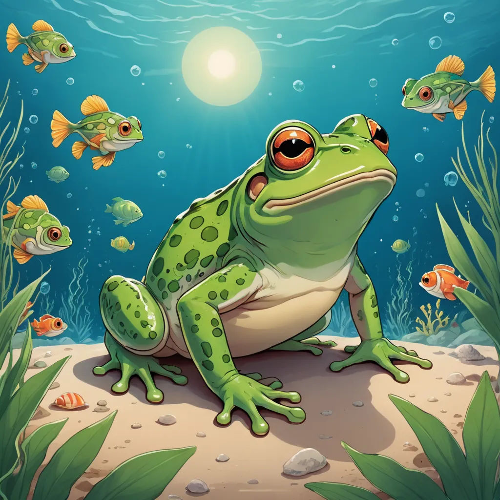 a frog sitting on a rock under the water with fish around him and a sun shining in the background, fantasy art, a storybook illustration, Andries Stock, highly detailed digital painting