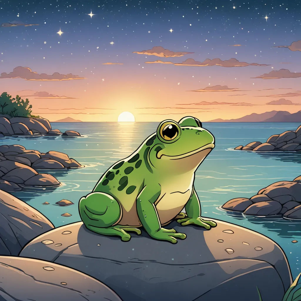a frog sitting on a rock in the water at night time with the sun setting behind it and stars in the sky, space art, a storybook illustration, Andries Stock, storybook illustration