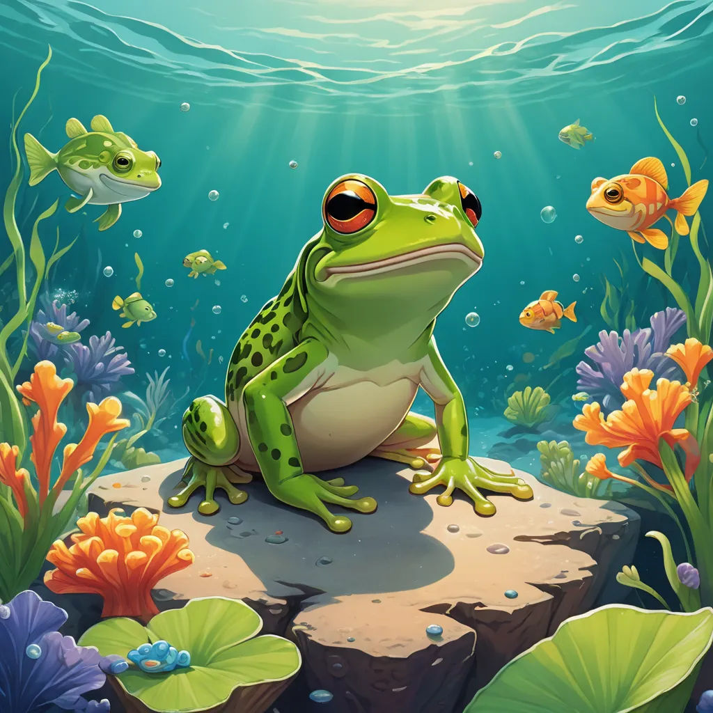 a frog sitting on a rock under the water with fish around it and a sunbeam in the background, fantasy art, a storybook illustration, Chris LaBrooy, highly detailed digital painting