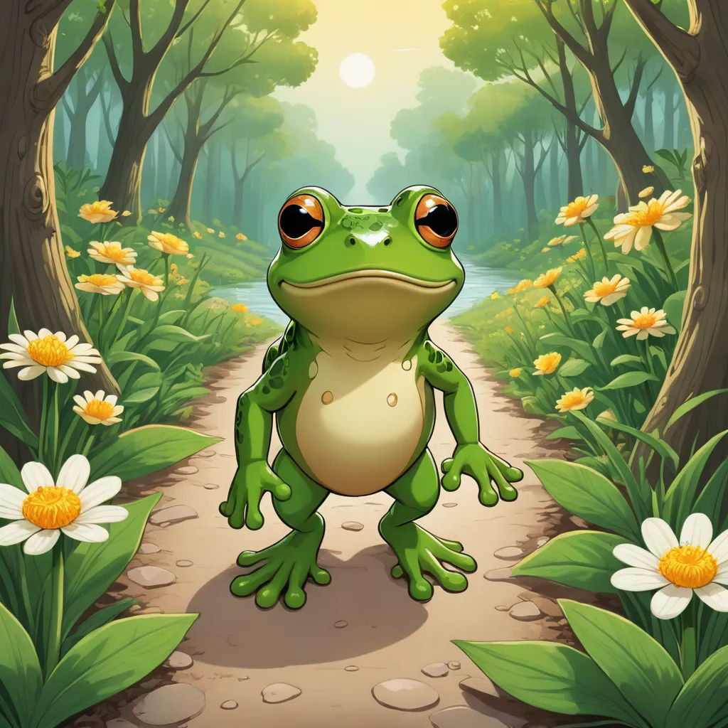 a frog is standing on a path in the woods with flowers and trees around him, looking at the camera, fantasy art, a character portrait, Andries Stock, game art