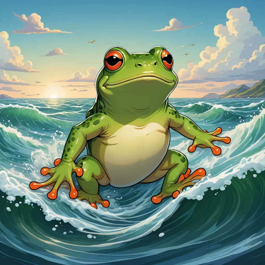 a frog sitting on top of a wave in the ocean with a sky background and clouds above it, with a sun shining, fantasy art, a storybook illustration, Chris LaBrooy, magic the gathering artwork