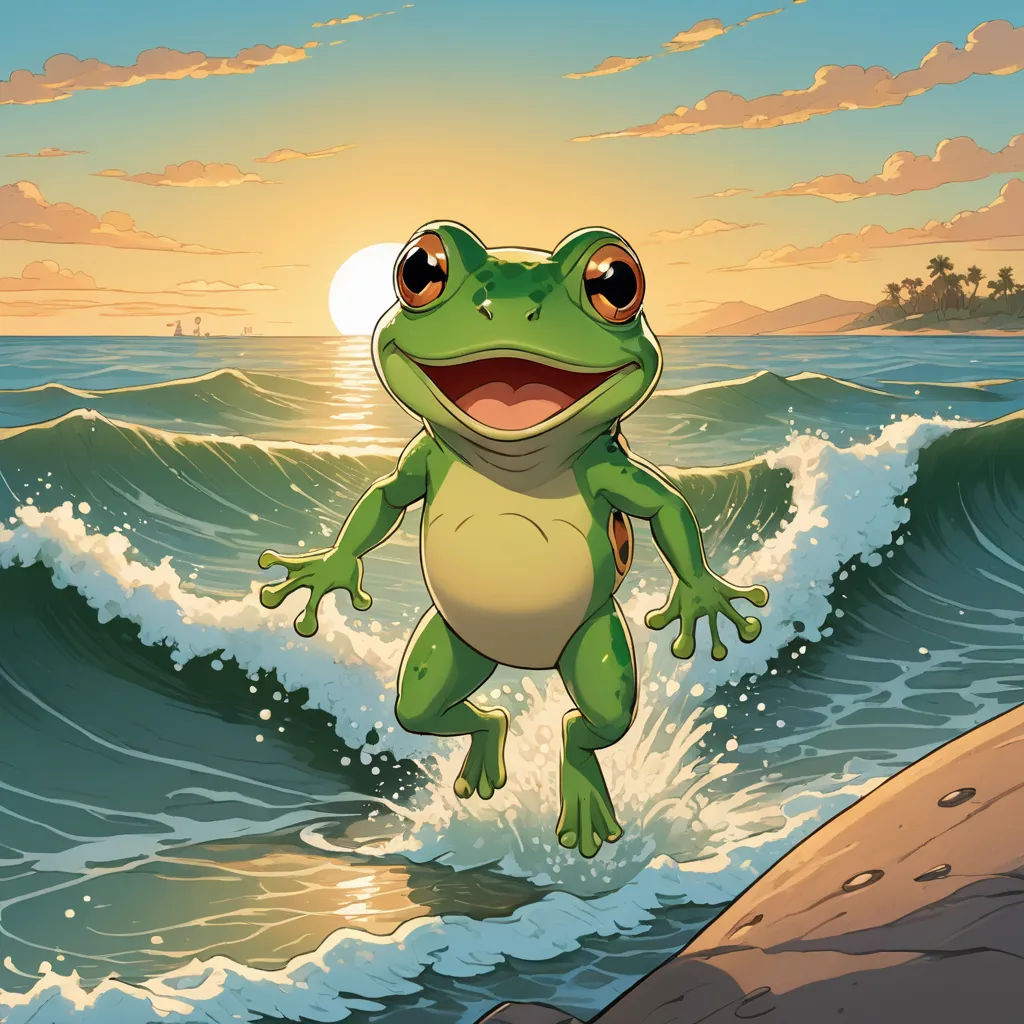 a frog is jumping over the waves in the ocean at sunset or sunrise time, with a boat in the background, fantasy art, a comic book panel, Chris LaBrooy, official art