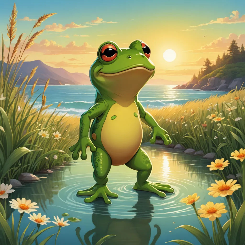 a frog is standing in the water with a sun in the background and flowers in the foreground, and a body of water in the foreground, fantasy art, a storybook illustration, Andries Stock, kinkade