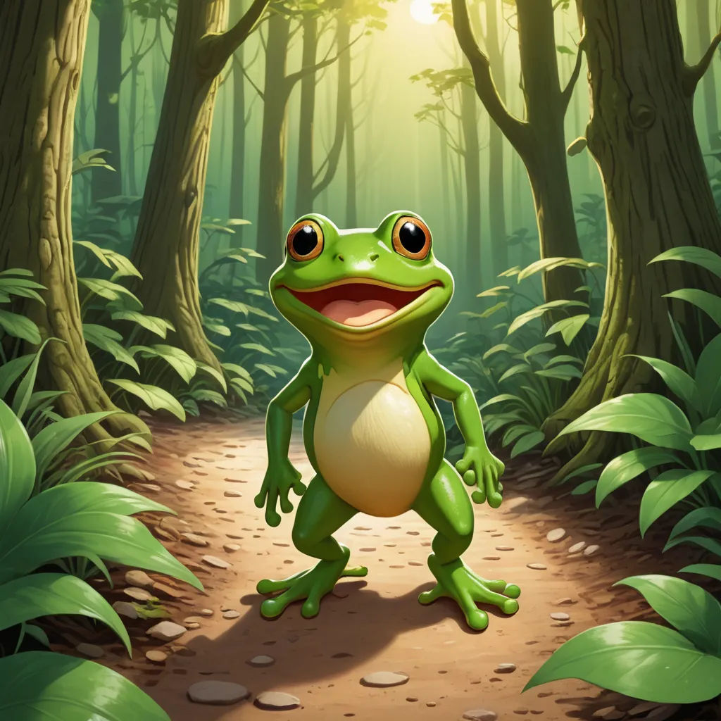 a frog standing on a dirt path in a forest with sunlight shining through the trees and leaves on the ground, fantasy art, a digital painting, Chris LaBrooy, magic the gathering artwork