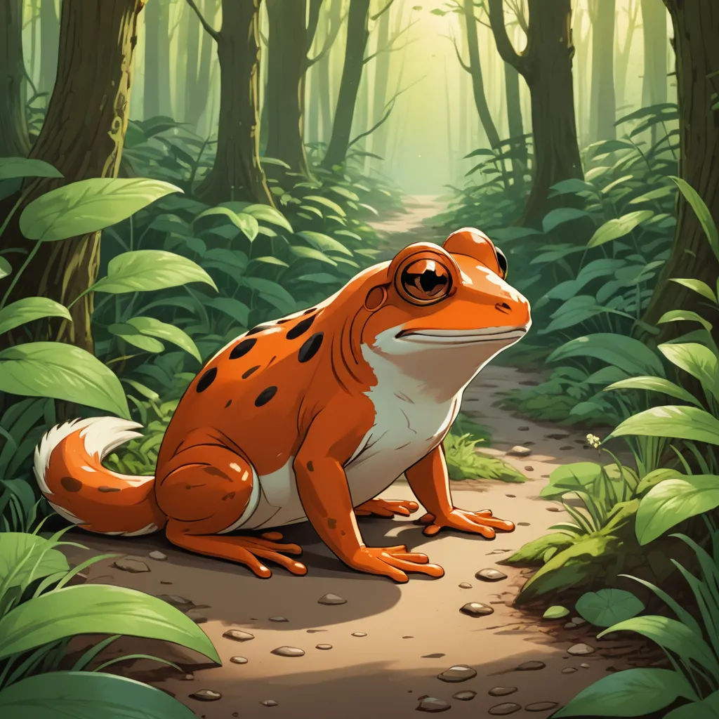 a frog sitting on a path in a forest with green plants and trees around it, with a bright light coming from behind it, environmental art, a character portrait, Brom, official art