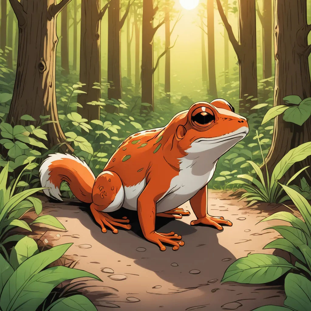 a frog sitting on a path in a forest with sunlight shining through the trees and leaves on the ground, environmental art, a storybook illustration, Cedric Seaut (Keos Masons), official art