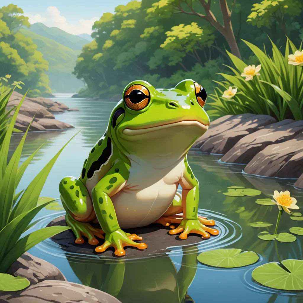 a frog sitting on a rock in a pond of water with lily pads and a mountain in the background, fantasy art, a storybook illustration, Andries Stock, highly detailed digital painting