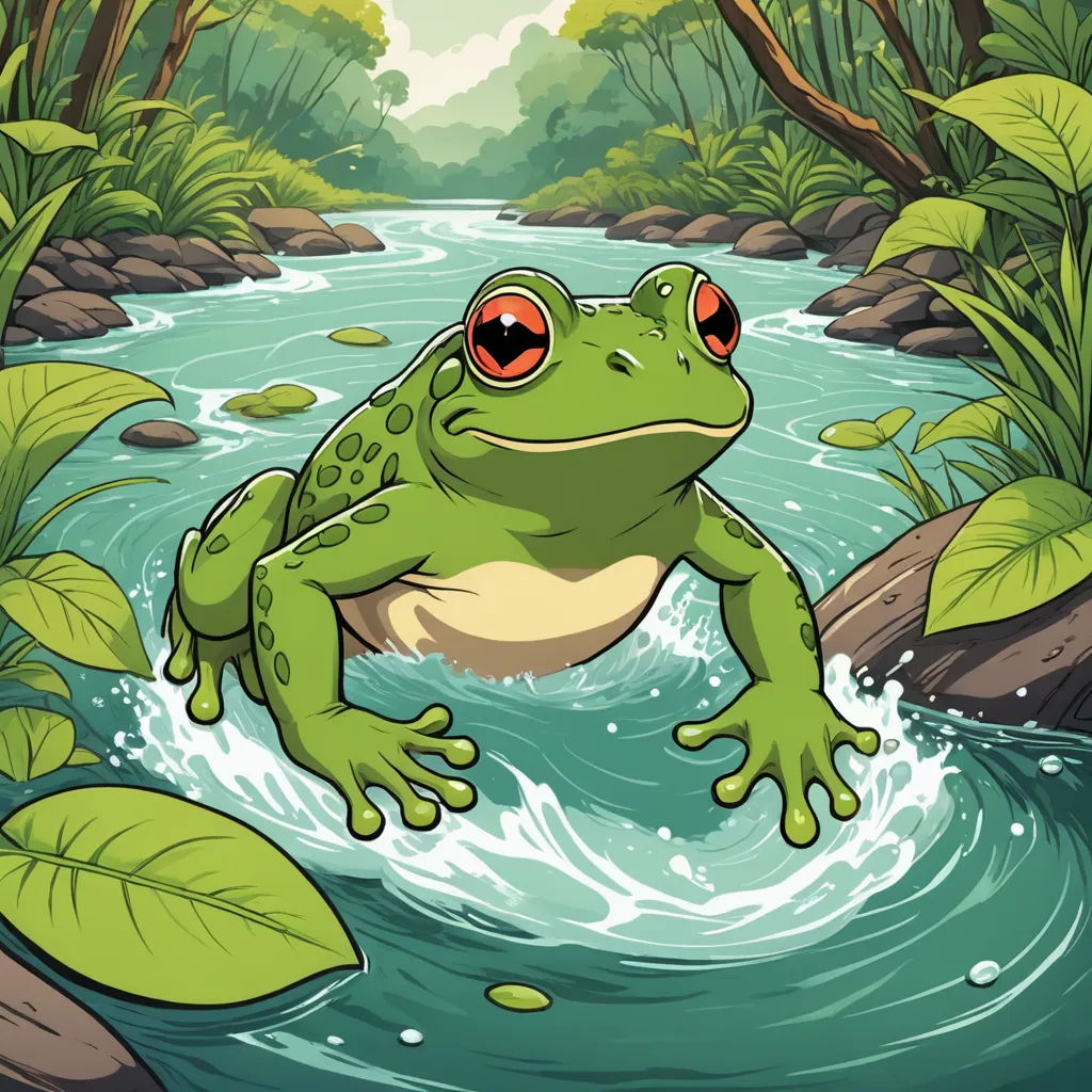 a frog is sitting on a rock in the water and looking at the camera with a surprised look on his face, environmental art, a stock photo, Andries Stock, green