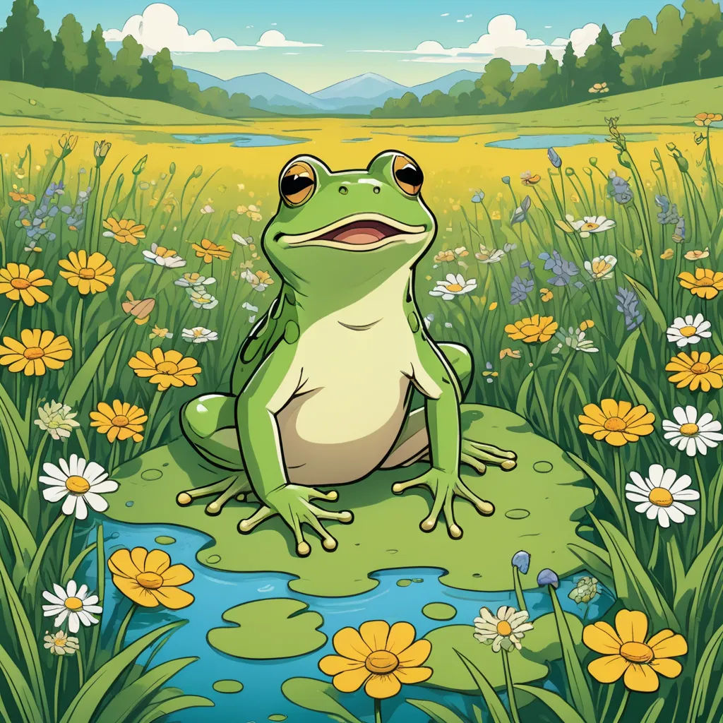 a frog sitting on a flowery patch of land with a pond in the middle of it and a mountain in the background, environmental art, a storybook illustration, Andries Stock, storybook illustration