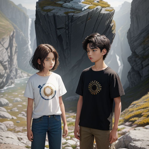 two children standing on a rocky cliff looking at the camera with a mountain in the background and a cliff in the distance