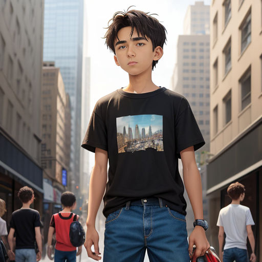 a young man standing in the middle of a city street with a bag on his shoulder and a cityscape in the background