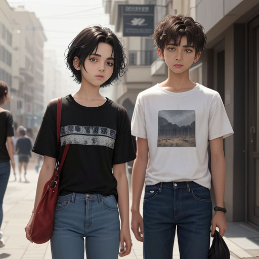 two people standing on a sidewalk in a city with buildings in the background and people walking on the sidewalk