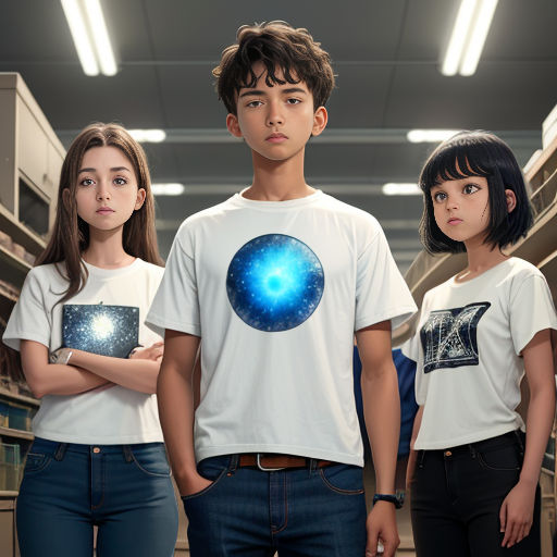 a group of people standing in a library with a blue ball on their chest and a white shirt on