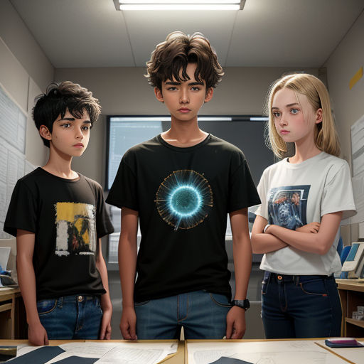 three children standing in a room with a book on the table and a light shining on the wall behind them