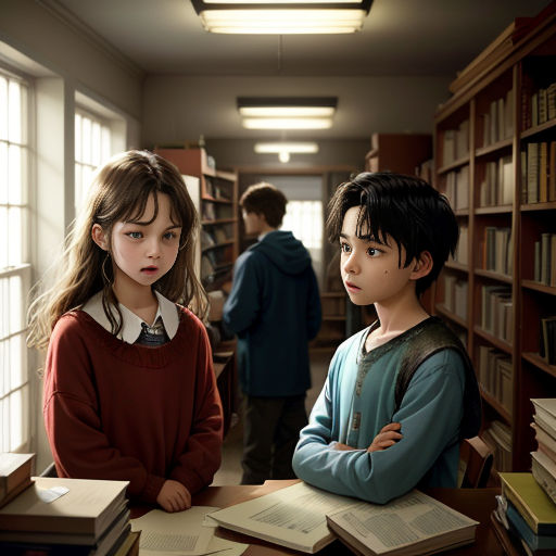 two children standing in a library with books on the table and a man standing behind them looking at the camera