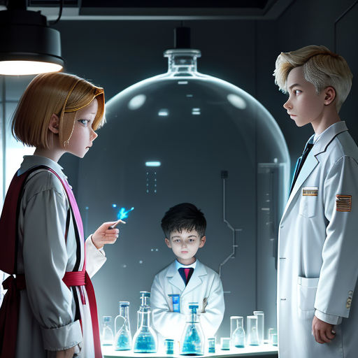 a boy and a girl looking at a science experiment in a lab with a boy in the background and a woman in the foreground