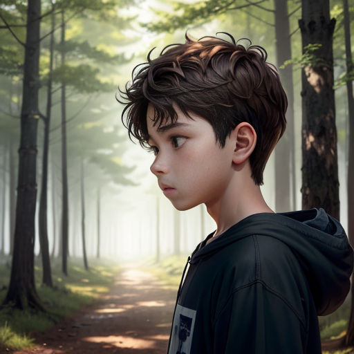 a boy in a black hoodie standing in a forest with a path leading to him and trees in the background