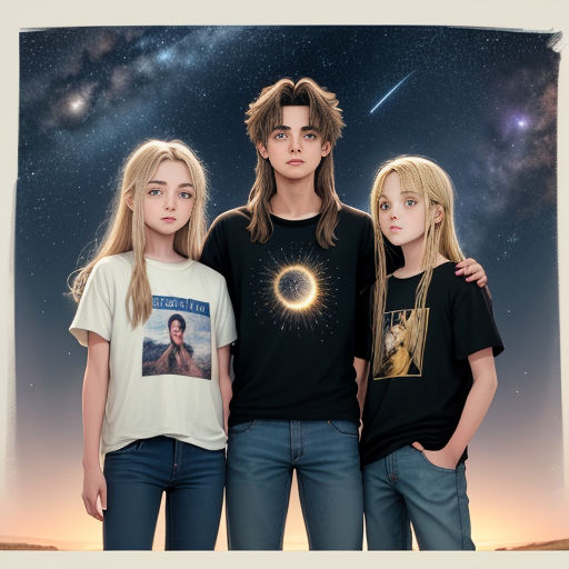 three young girls standing next to each other in front of a picture of a solar system with a man and a woman