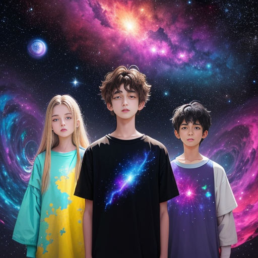 three children standing in front of a colorful galaxy background with stars and a spiral galaxy in the background with stars and a blue and pink swirl