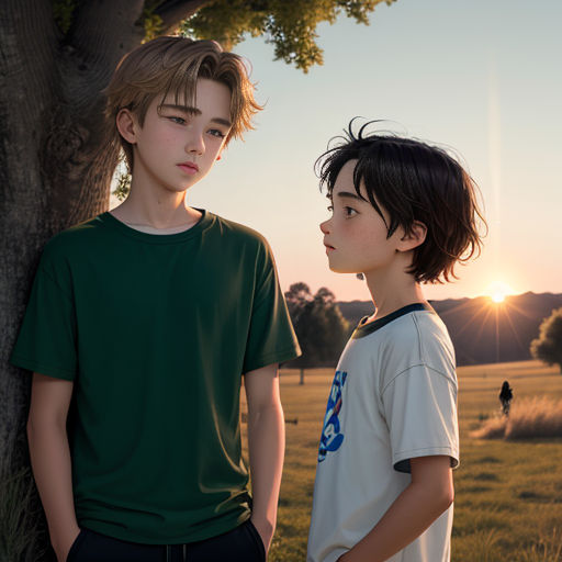 two young boys standing next to a tree in a field at sunset or sunrise or sunset, one boy is looking at the other boy