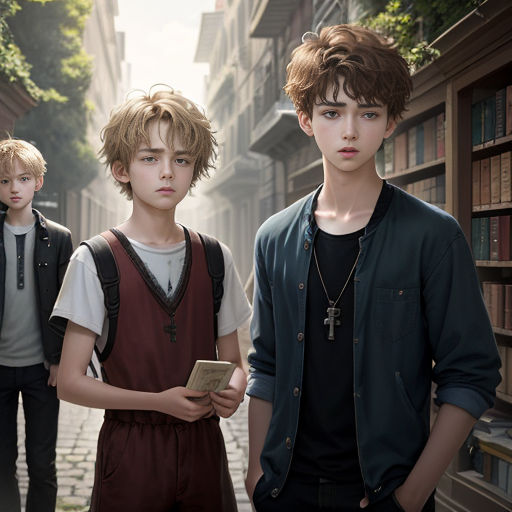 three boys standing in a street with books in their hands and a book in his hand, and a book in his other hand