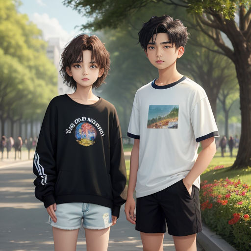 a couple of people standing next to each other on a sidewalk near trees and flowers and a sidewalk with a sidewalk