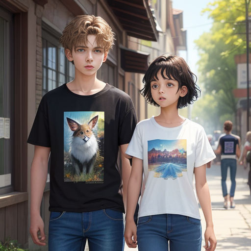 a boy and a girl walking down a street with a dog on their shirt on their shoulders and a fox on their shirt on their chest