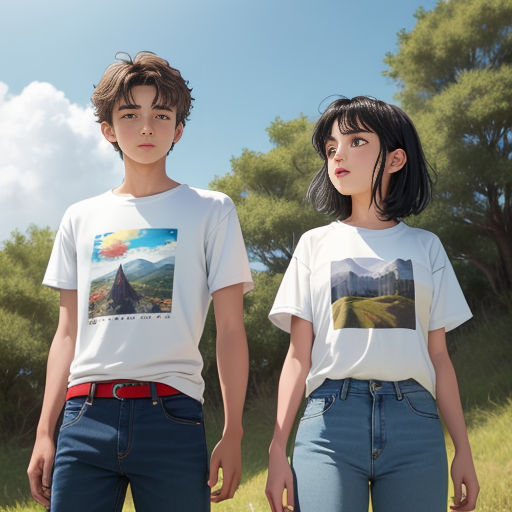 a couple of people standing next to each other in a field of grass and trees with a sky background
