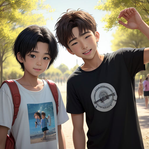 two asian children posing for a picture in a park with trees in the background and people walking on the sidewalk