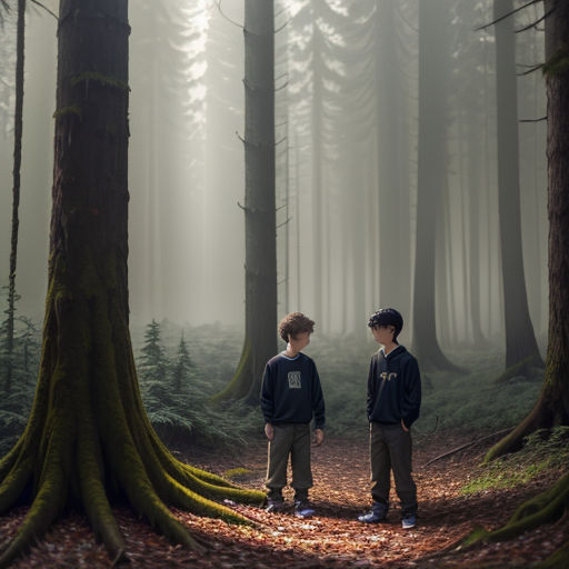 two boys standing in a forest with trees and fog in the background, with a foggy sky and fog