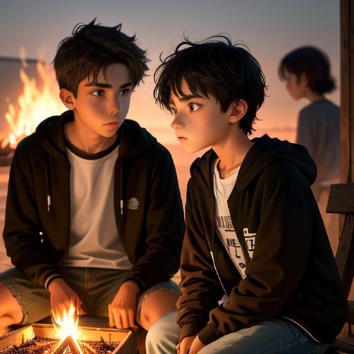 two boys sitting on a bench next to a fire pit with a lit candle in it and a fire in the background