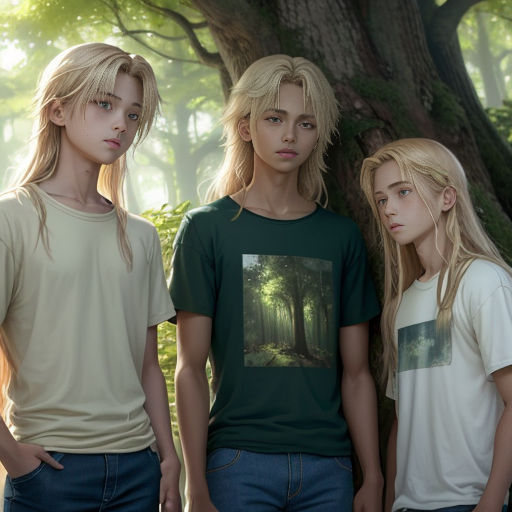 three young people standing next to each other in a forest with trees and grass in the background, with a sun shining through the trees