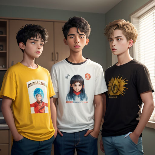 three young men standing next to each other in a kitchen next to a window with blinds on them and a sun shining through the window