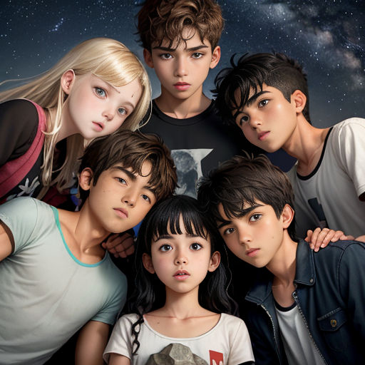 a group of young people standing next to each other in front of a night sky with stars and a galaxy