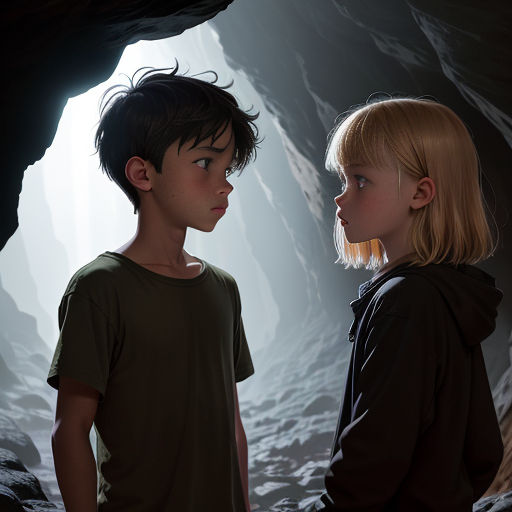 two children standing in a cave looking at each other with a light shining on them and a cave behind them