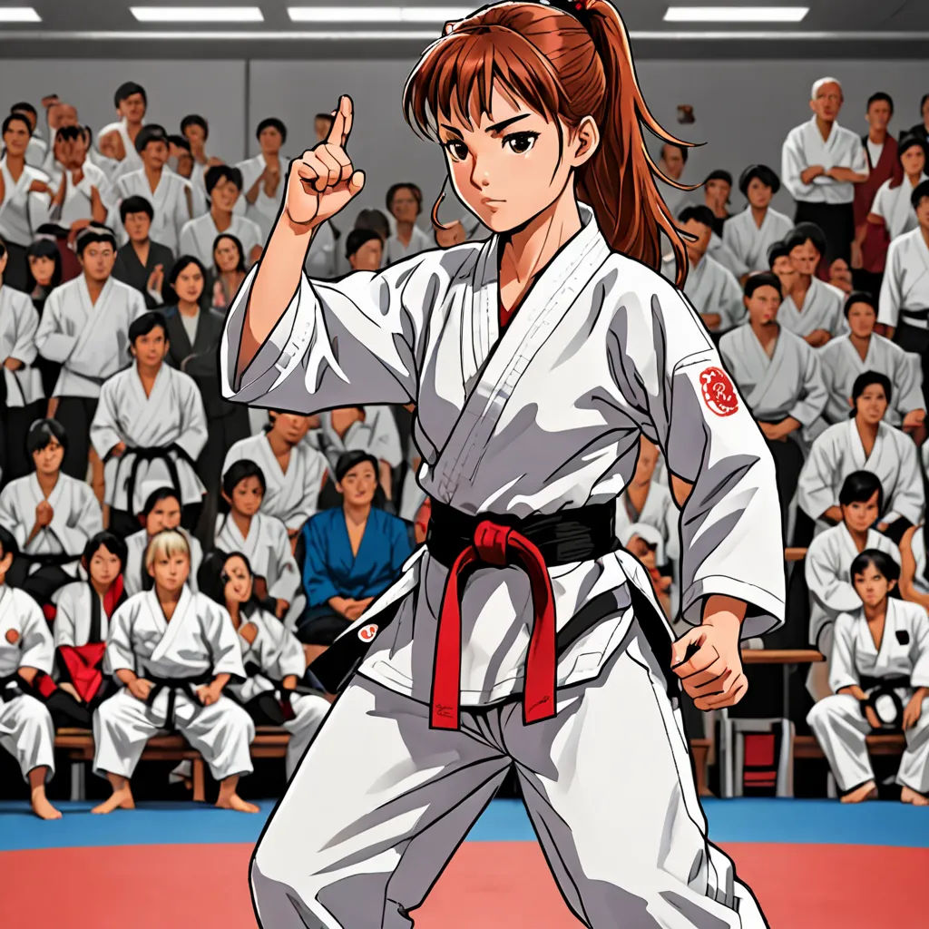 a woman in a karate stance in front of a crowd of people in a gym area with a black belt, Ayako Rokkaku, neogeo, a character portrait, official art
