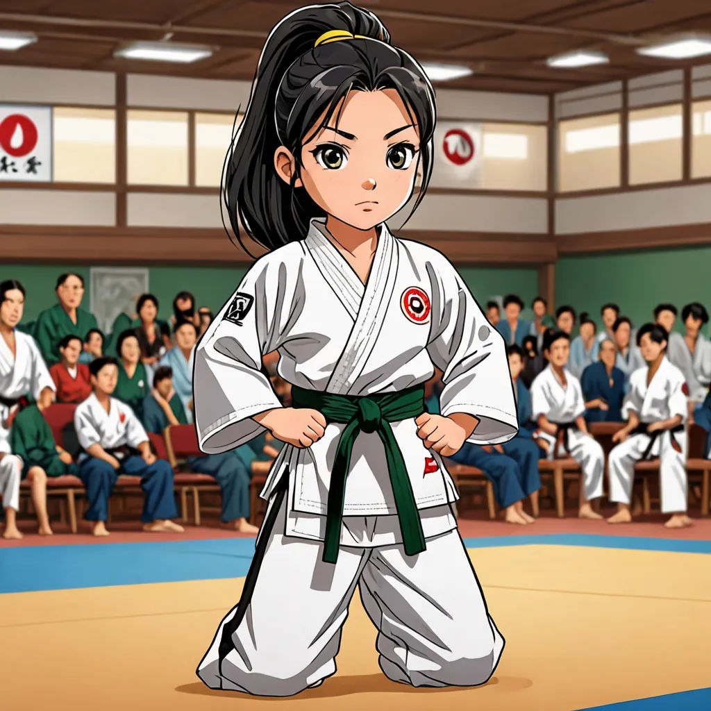 a woman in a karate uniform standing in front of a crowd of people in a gym area with a black belt, Baiōken Eishun, neogeo, a character portrait, official art