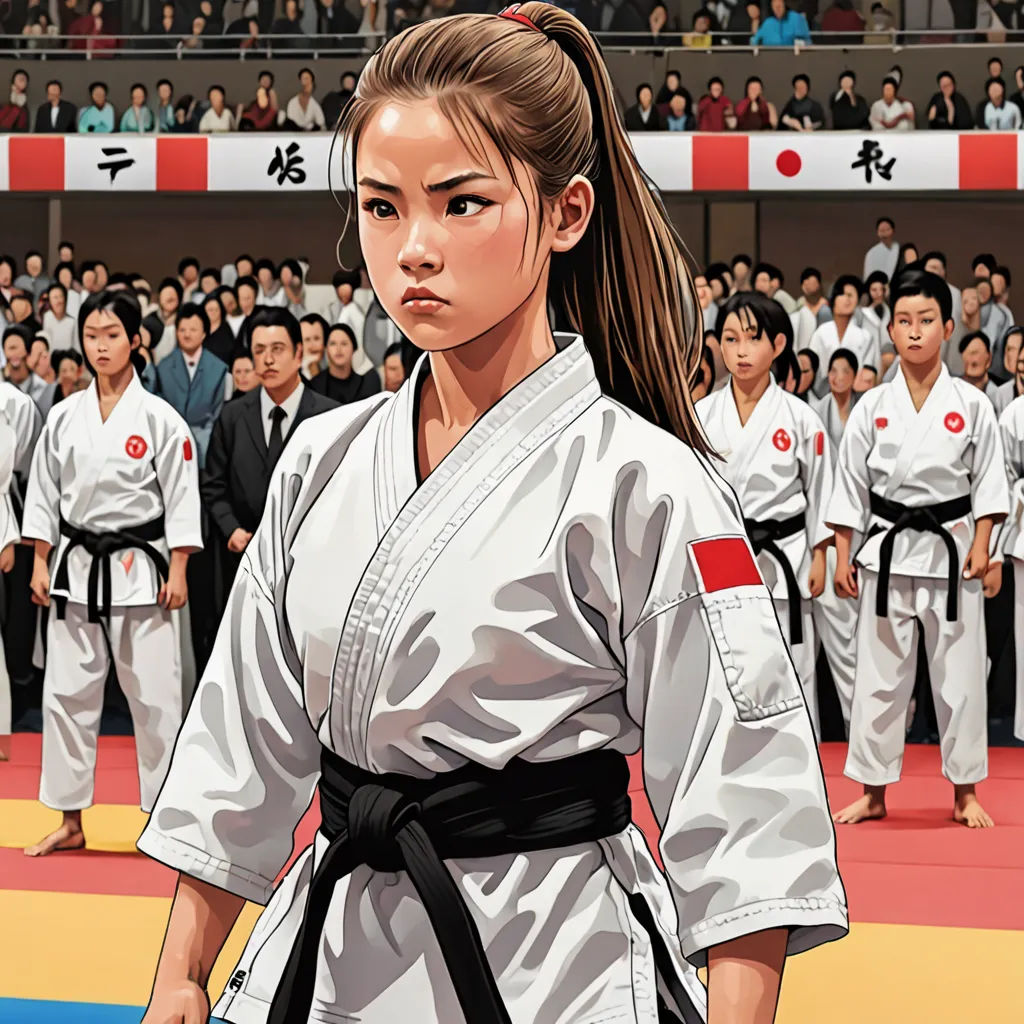 a woman in a kimono standing in front of a crowd of people in a stadium with a black belt, Chizuko Yoshida, sumatraism, a comic book panel, yukito kishiro