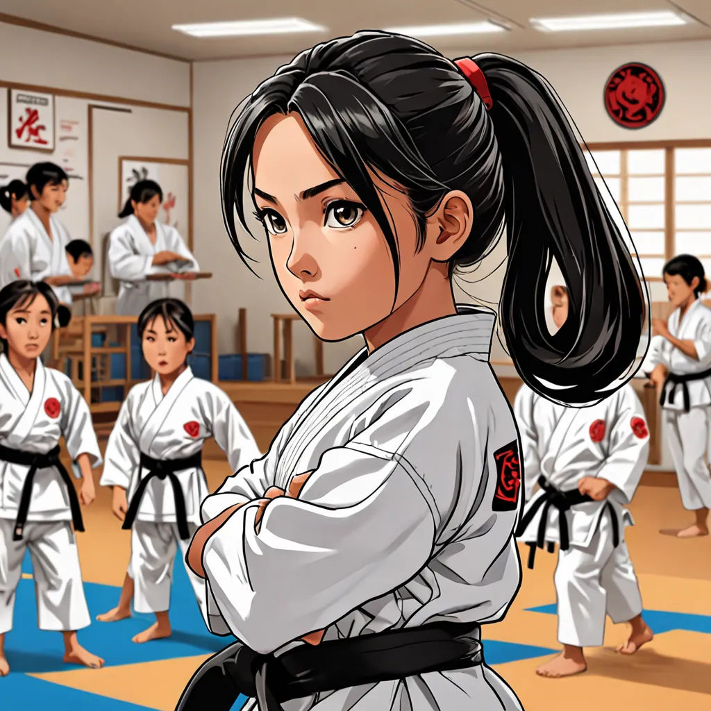 a woman in a karate uniform standing in a room with others watching her in karate gear and holding a black belt, Artgerm, ashcan school, a comic book panel, yukito kishiro