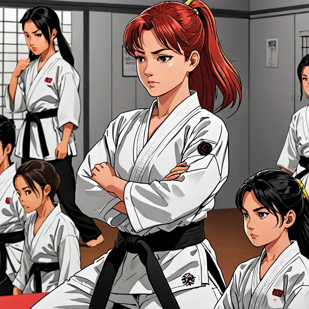 a woman in a karate uniform standing in a room with other people in the background and a woman in a kimono, Choi Buk, sots art, concept art, official art