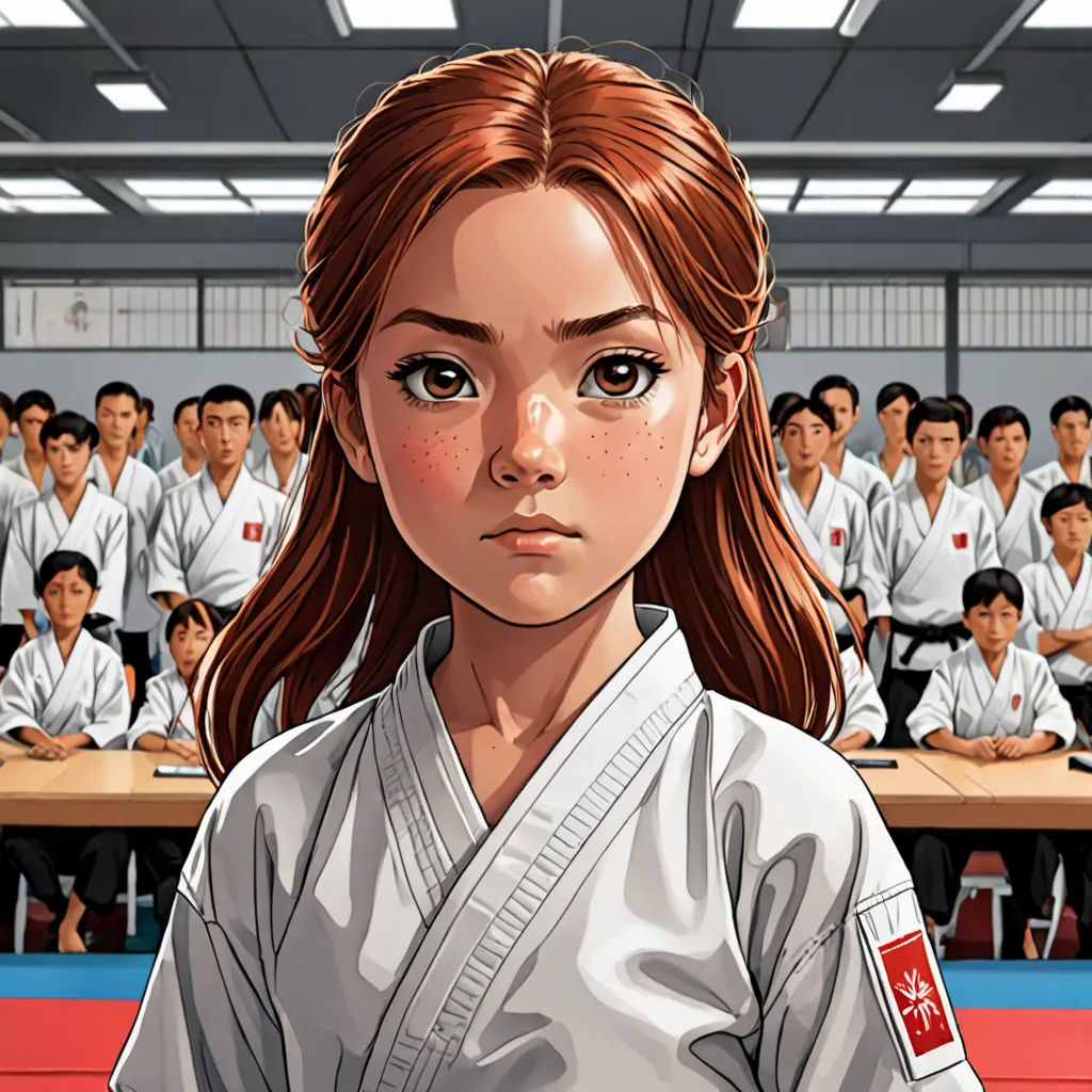 a girl in a karate uniform standing in front of a group of people in a classroom with a red belt, Cliff Childs, hyperrealism, a comic book panel, yukito kishiro