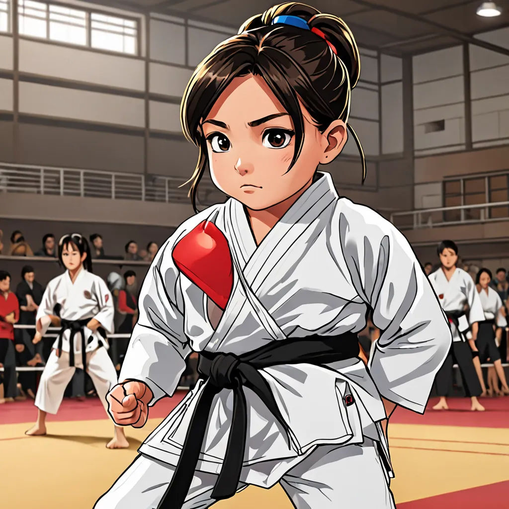 a woman in a kimono standing in a gym with a crowd watching her and a man in a kimono, Chizuko Yoshida, neogeo, a character portrait, official art