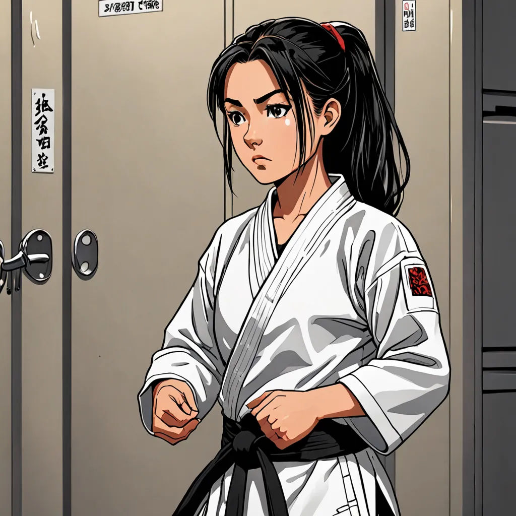 a woman in a kimono standing in a locker room with a black belt around her waist and a red ribbon around her waist, Chizuko Yoshida, neogeo, a comic book panel, official art