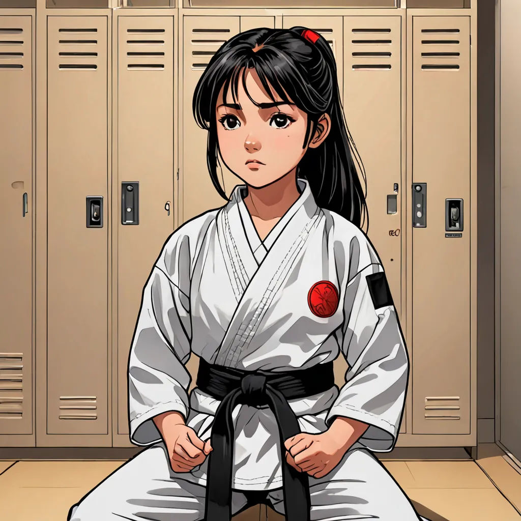 a woman sitting on the ground in a locker room with a black belt around her waist and a red button on her left side, Ayako Rokkaku, sots art, a character portrait, official art