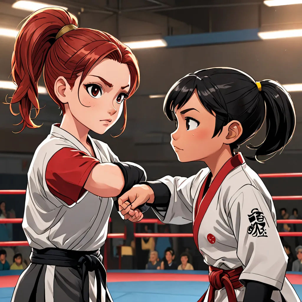 two women in karate uniforms standing in a ring with a referee behind them and a crowd watching them from the stands, Artgerm, sots art, concept art, official art