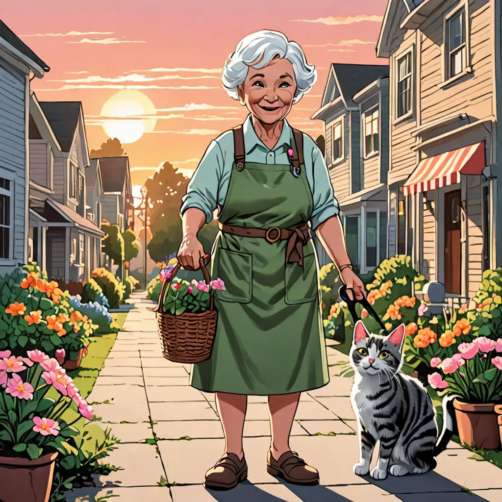 a woman with a cat and a basket of flowers in front of a house with a sunset in the background, american realism, a comic book panel, Eileen Aldridge, official art