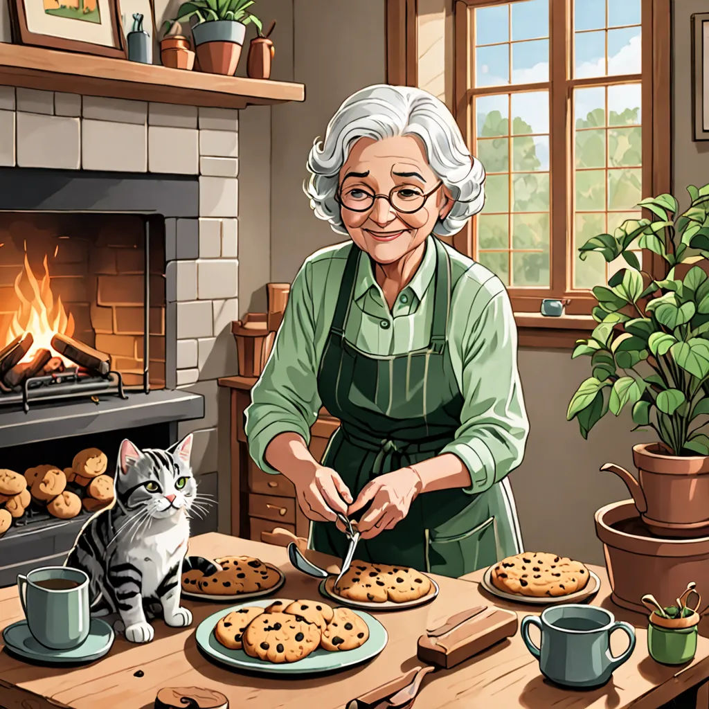 a woman in an apron is cutting cookies with a cat on the table next to her and a fireplace, american scene painting, a storybook illustration, Anne Said, storybook illustration