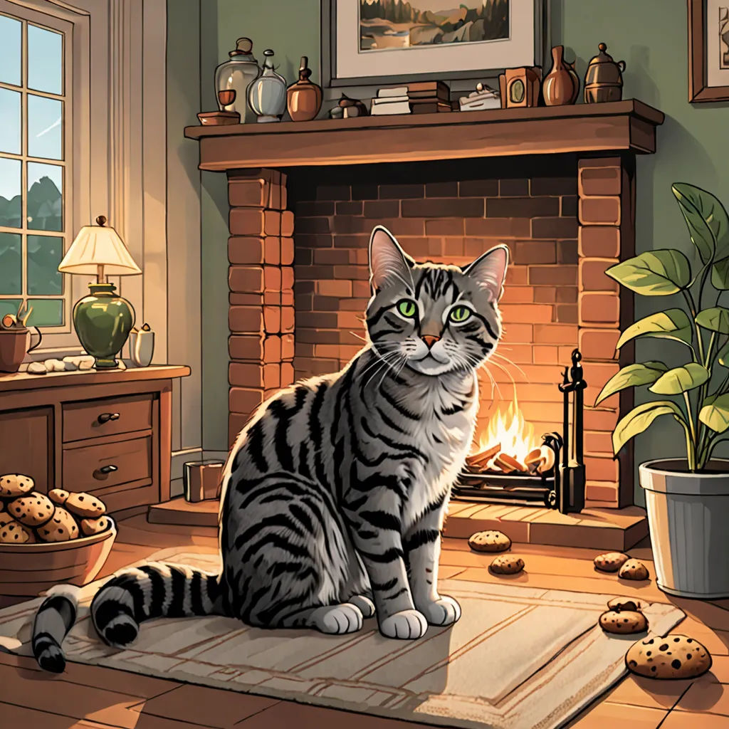 a cat sitting on a rug in front of a fireplace with cookies on the floor and a potted plant, furry art, a storybook illustration, David Brewster, official art