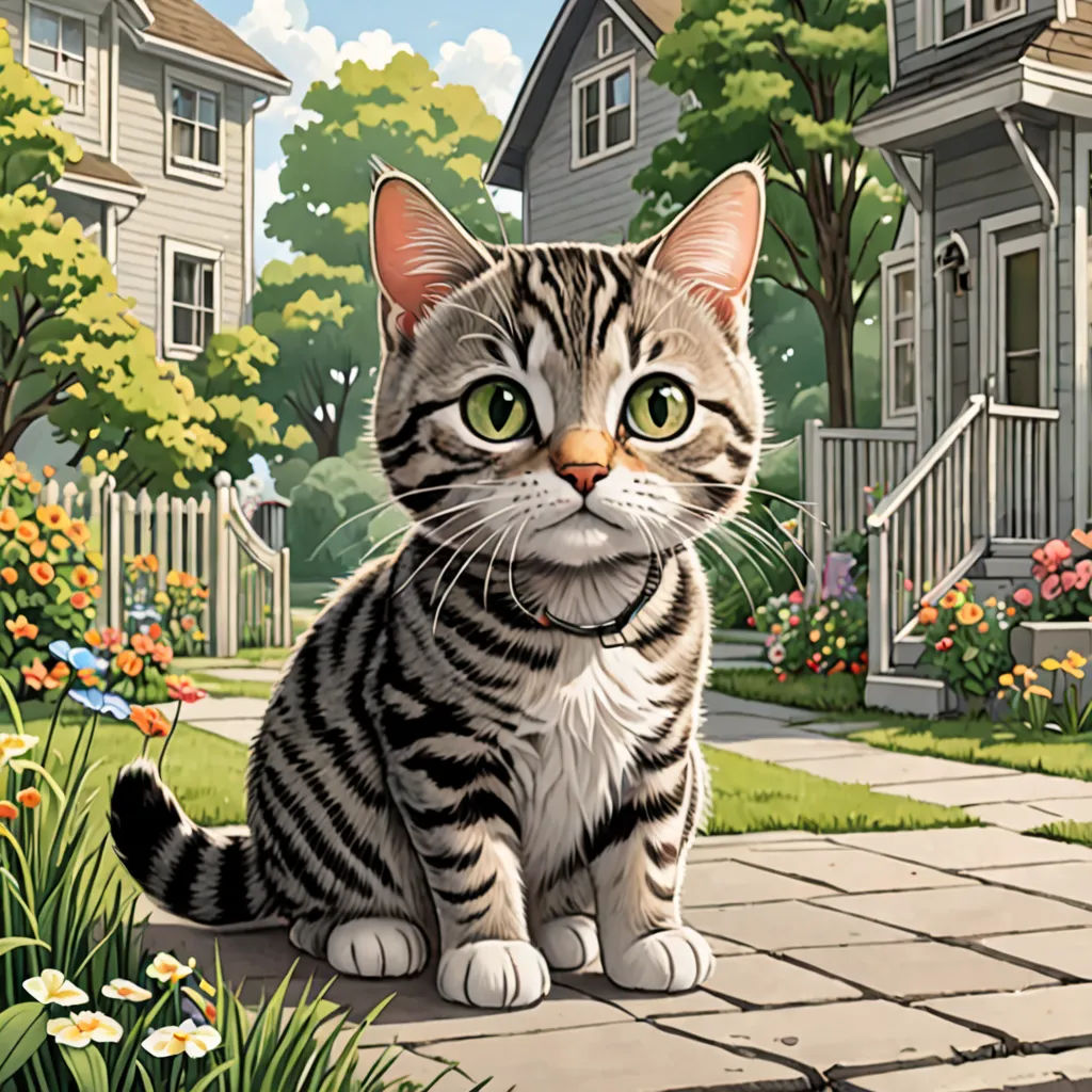 a cat sitting on a sidewalk in front of a house with flowers and trees in the background and a house with a cat on the sidewalk, american scene painting, a character portrait, Chris LaBrooy, game art